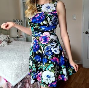 Bright Floral Pop Aqua Turquoise Blue Green Pink Black Above the Knee Dress